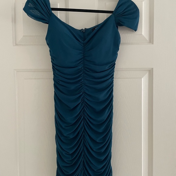 Jump Apparel Ruched Body-Con Mesh Minidress in Teal size Small - Picture 2 of 7